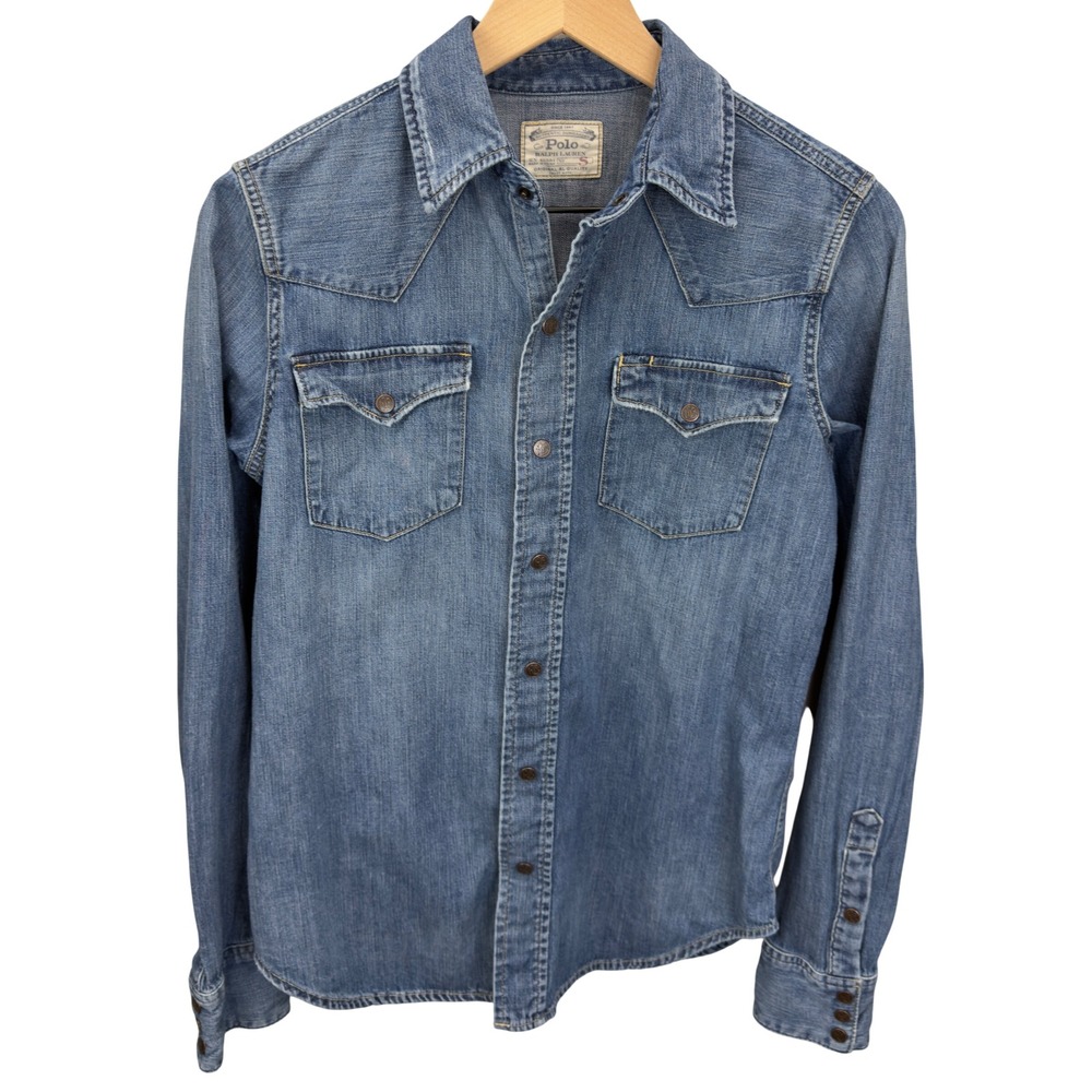 VTG Y2K Polo Ralph Lauren Western Snap Front Denim Shirt Mens Size S Ditressed